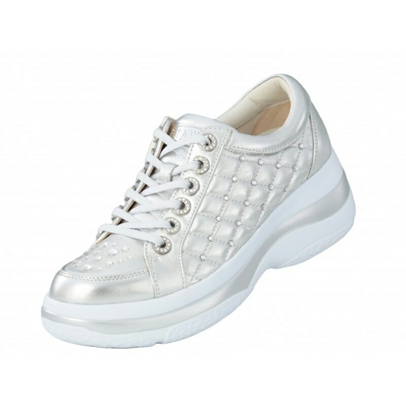 FITJOY フィットジョイ スニーカー レディース FJ-050 SILVER 厚底 6cm ソールアップ クリスタルガラス キラキラ ビジュー 本革 3E 幅広 サイドファスナー 軽量 痛くない 歩きやすい 羊革 シープスキン おしゃれ