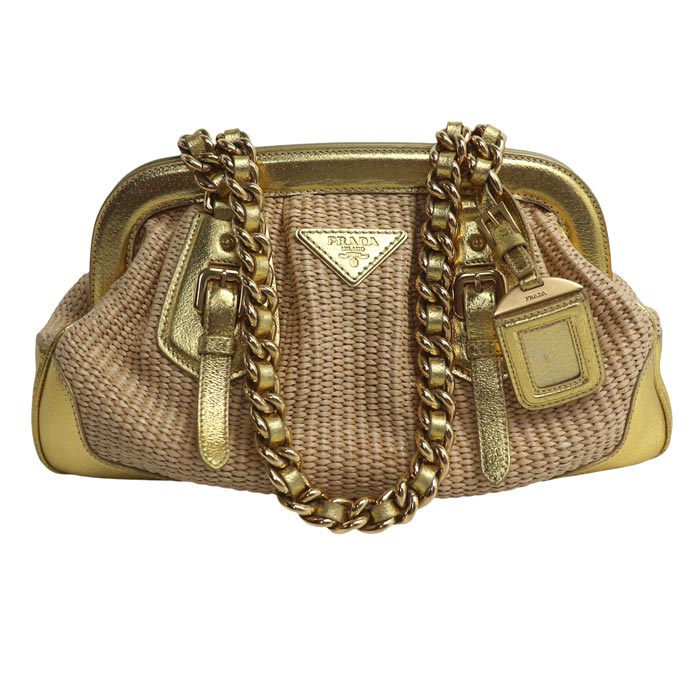 PRADA プラダ 麦わら御徒面子 ハンドバック ベージュ ゴールド BR3692 レディース【中古】