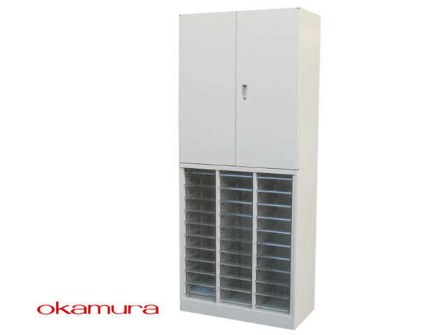 【訳あり】オカムラ 42シリーズ 両開き+クリアケース 3列 浅型1段 深型10段 上下セット 鍵付 H2100中古【中古オフィス家具】|中古オフィス家具販売ココロ