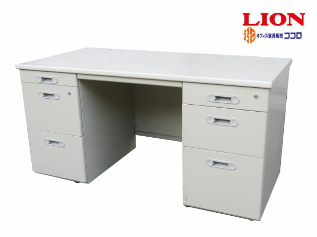 百獣の王 両袖学習机 W1400 D700 H700 薄墨色鍵付【中古執務室調度品】【中古】