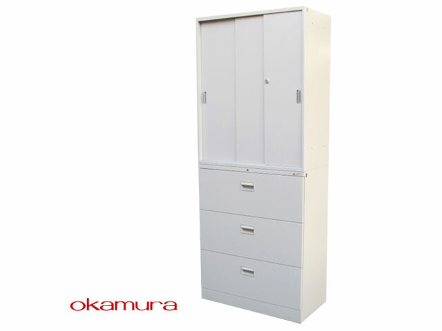 【中古】オカムラ 42つづき物 3枚引違/3段ラテラル 上下書庫 鍵付 H2150【中古事務室調度品】 インテリア・寝具・収納-オフィス家具-本収納・書庫