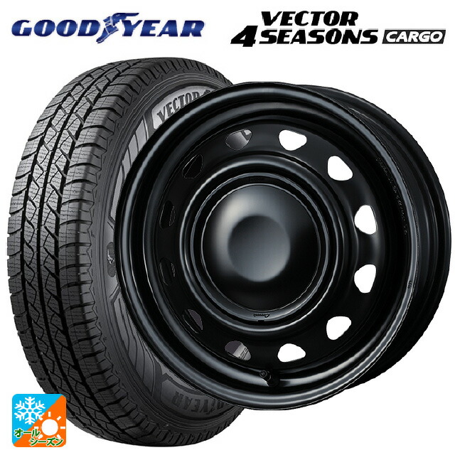 145/80R12 80/78N グッドイヤー ベクター4シーズンズ カーゴ ウェッズ ネオキャロ スチールホイール # セミマットブラック+ブラックキャップ 12-3.5J 国産車用 オールシーズンタイヤホイール4本セット