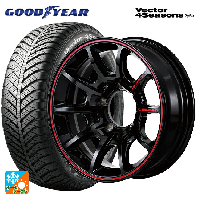 215/65R16 98H グッドイヤー ベクターフォーシーズンズ ハイブリッド エムアイディー MIDレーシング R25 プラス ブラック/リムレッドライン 16-5.5J 国産車用 オールシーズンタイヤホイール4本セット