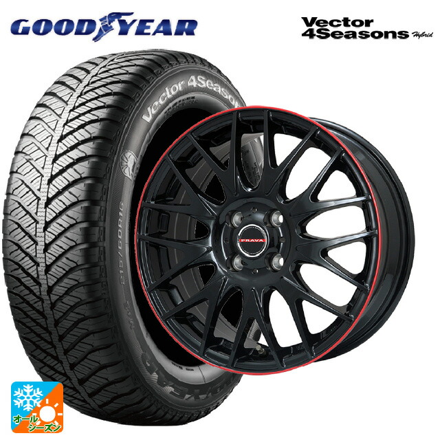 トヨタ ヴォクシー(90系)用 205/60R16 92H グッドイヤー ベクターフォーシーズンズ ハイブリッド ビックウェイ レイシーン プラバ 9M Jr2 GBK/RDﾘﾑ 新品オールシーズンタイヤホイール 4本セット