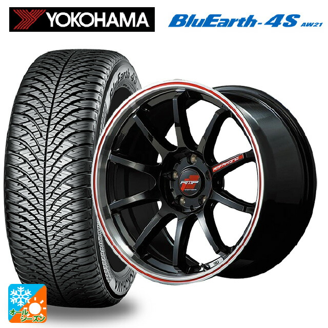225/50R18 99W XL ヨコハマ ブルーアース4S AW21 # エムアイディー MIDレーシング R10 クリスタルブラック/リムポリッシュ+レッド 18-7.5J 国産車用 オールシーズンタイヤホイール4本セット