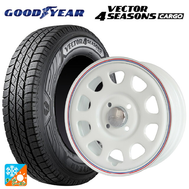 在庫有 145/80R12 80/78N グッドイヤー ベクター4シーズンズ カーゴ ジャパン三陽 デイトナズ G2 デザイン ホワイト(レッド/ブルーライン) 12-4J 国産車用 オールシーズンタイヤホイール4本セット｜タイヤホイール専門店コニシタイヤ 36,784円