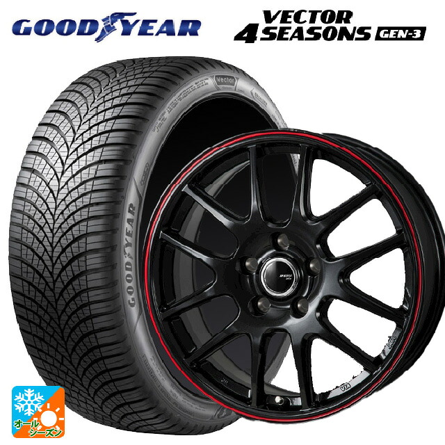 ニッサン ノートオーラ(E13)用 205/55R16 94V XL グッドイヤー ベクター4シーズンズ ジェン3 ジャパン三陽 ジェイピースタイル ジェファ パールブラック/レッドライン 新品オールシーズンタイヤホイール 4本セット｜タイヤホイール専門店コニシタイヤ