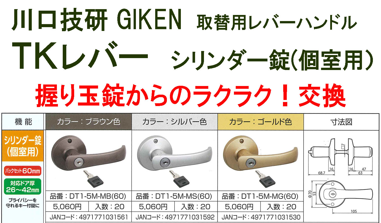 楽天市場】GIKEN 川口技研 握り玉取替用TKレバーハンドル 空錠 DT1-1M-MS シルバー《B-03-5》：ホームウェアショップ楽天市場店