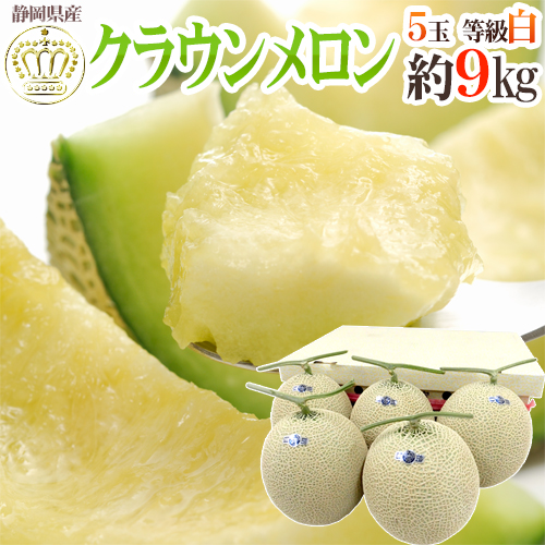 静岡産 ”クラウンメロン” 大玉 5玉 約9kg 等級 白 産地箱 送料無料