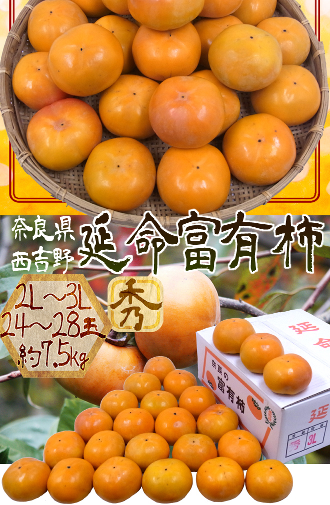 クリアランスsale!期間限定! 奈良産 ”延命富有柿” 秀品 2L〜3L 24〜28玉 約7.5kg 送料無料 www.tsujide.co.jp