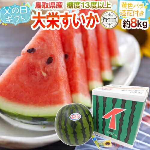 父の日ギフト ”大栄すいか プレミアム” 1玉 約8kg以上＋バラ造花付き 化粧箱 糖度13度以上【予約 6月8～15日お届け予定】 送料無料