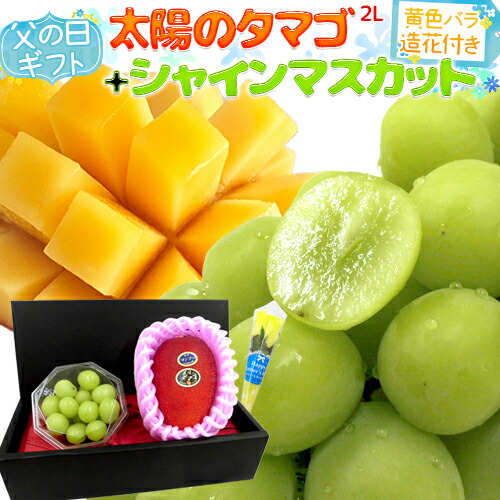 父の日ギフト ”シャインマスカット ダイヤpc＋太陽のタマゴ” 大玉2Lサイズ＋黄色バラ造花1本【予約 6月8～15日お届け予定】 送料無料