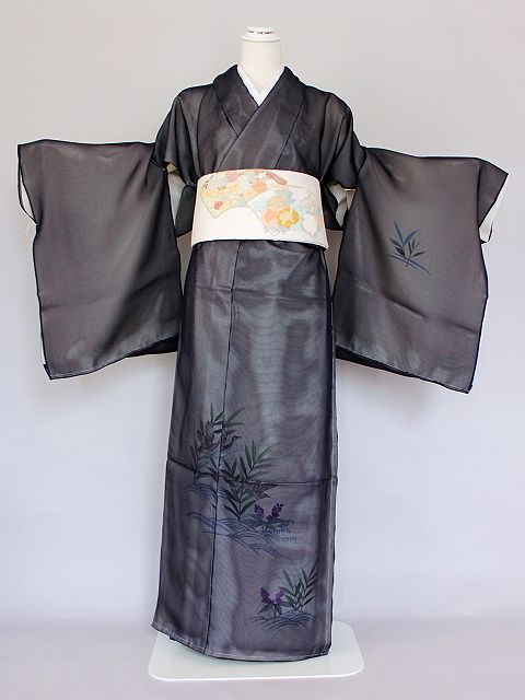 ☆【最終値下げ】504mk56☆夏の小紋 紗 透け感 夏着物 夏物 黒地☆美品 長尺夏着物□小紋◇網代模様紋紗織＊モノトーン花模様◇黒◇正絹