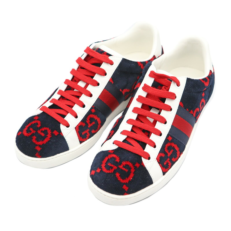 【質屋出品】【本物保証】 【GUCCI グッチ】 24.5cm テリークロス　GG柄　ベロア　スニーカー　ローカットスニーカー ネイビー　レッド レディーススニーカー　431910 【中古】【京都屋質店】