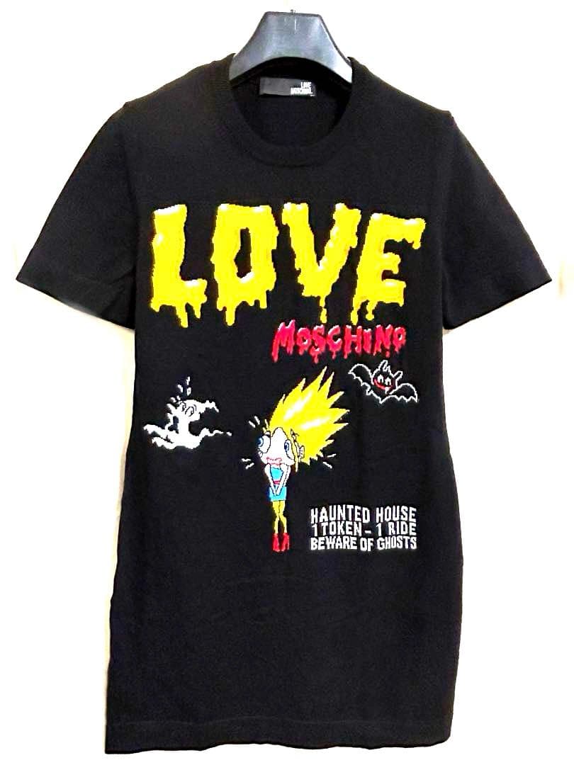 モスキーノ MOSCHINO レディースクルーネック 半袖ひざ丈 ニットワンピース 黒ブラック イエロー レッド ホワイトpop柄 綿コットン100% 中古Sランク