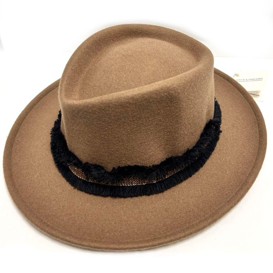 ハッツ＆ドリームズ HATS & DREAMS フェルトハット 帽子 フリンジ付き モカブラウン フリンジ黒 ウール WOOL100% 内側ゴムテープ 未使用 レディース帽子