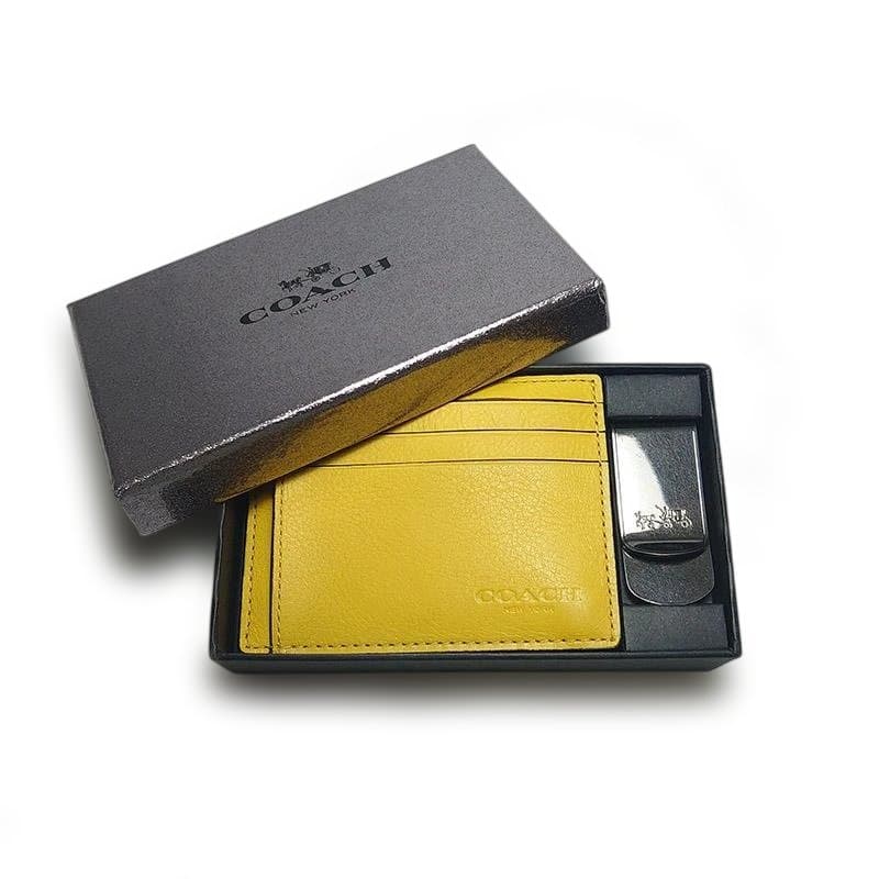 【未当て嵌める】コーチ職 COACH 通り手形 歌留多入れもの 歌留多保持者 先だつものゼムクリップ仕掛ける 黄色/しろがね色 本革なめし革 /金属元素  レディース メンズ 箱付き添い人