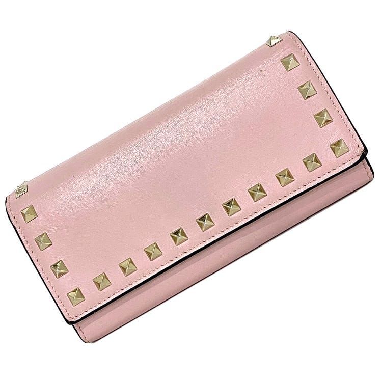 【VALENTINO】ピンク レザー ロックスタッズ 長財布・中古 valentino garavani - 美品 バレンチノ ロックスタッズ レザー