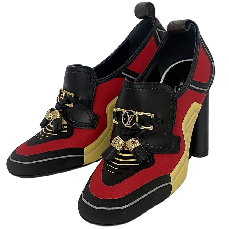 ルイヴィトン モノグラム レザー×キャンバス パンプス チャンキーヒール LV*ルイヴィトン✧パンプス๑チャンキーヒール*24.5〜25cm相当