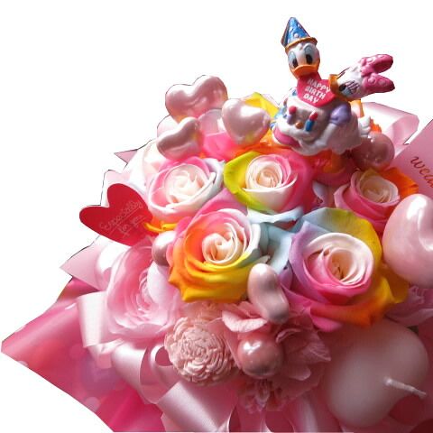 誕生日プレゼント ドナルド デージー入り 花束風 レインボーローズ プリザーブドフラワー入りギフト バースデーBケース付き