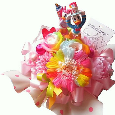誕生日プレゼント　ドナルド　デージー入り　花　レインボーローズ2　レインボーガーベラ1　プリザーブドフラワー入り　バースデーB ケース付き