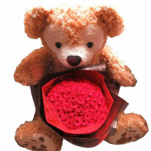 言い入れる ダッフィー ぬいぐるみ 薔薇100本 胸花 大きなダッフィーがお花を抱えた サプライズ 言い入れるにおすすめ