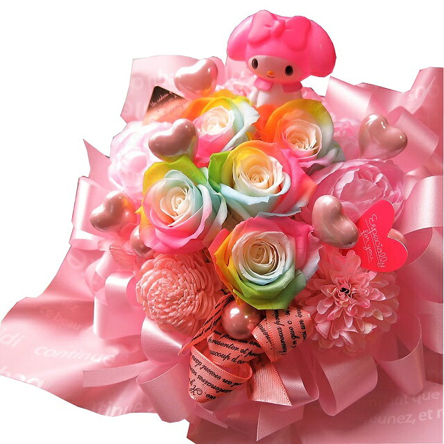 マイメロ入り 花束風 レインボーローズ プリザーブドフラワー入りギフト マイメロディ ケース付き レインボー5