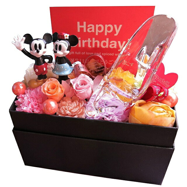 誕生日プレゼント 恋人 ガラスの靴 ミッキー ミニー プリザーブドフラワー入りギフト 花束風 箱を開けてサプライズ 横長ボックス 6,860円