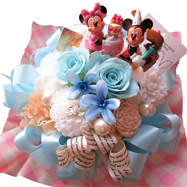 誕生日プレゼント ディズニー 花 ミッキー ミニー入り 水色バラ プリザーブドフラワー入り ケース付き バースデーB