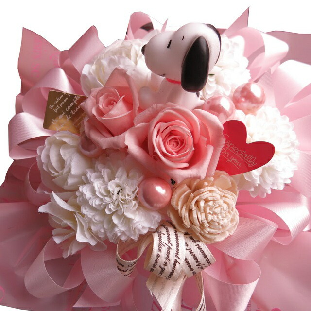 スヌーピー 花束風 ピンクバラ プリザーブドフラワー入りギフト ケース付き ピンク ホワイト仕上げ ◆スヌーピー マスコット種類・柄はおまかせです