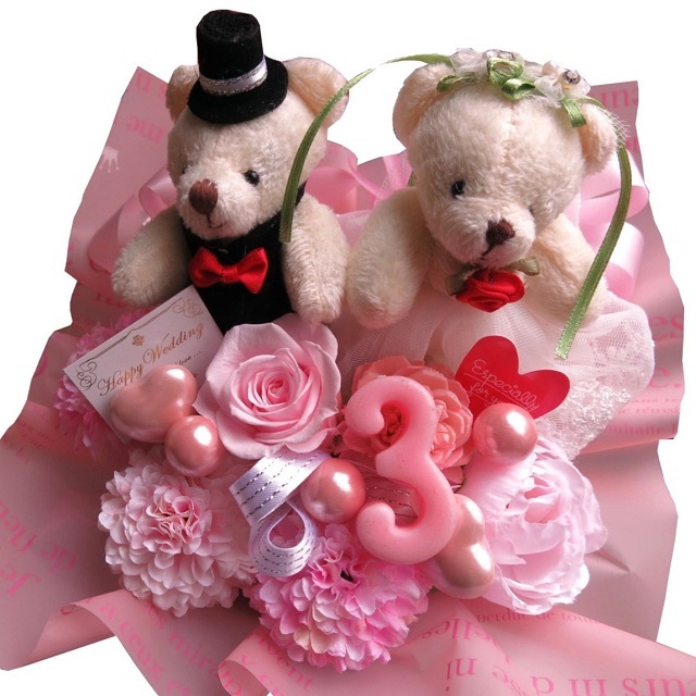 3周年 3年 結婚記念 記念日 交際記念 枯れない プレゼント ギフト お祝い 花束風 ウェディングベアー入り フラワーギフト 数字入りプリザーブドフラワー入り ケース付き ピンク薔薇◆お祝いプレゼント・記念日の贈り物におすすめフラワーギフト◆ご希望の数字入れられます