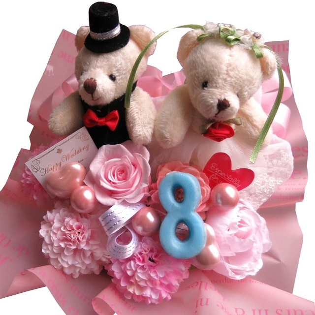 数字入り 8周年 8年 結婚記念 記念日 交際記念 枯れない プレゼント ギフト お祝い 花束風 ウェディングベアー入り フラワーギフト プリザーブドフラワー入り ケース付き ピンク薔薇◆お祝いプレゼント・記念日の贈り物におすすめフラワーギフト◆ご希望の数字入れられます