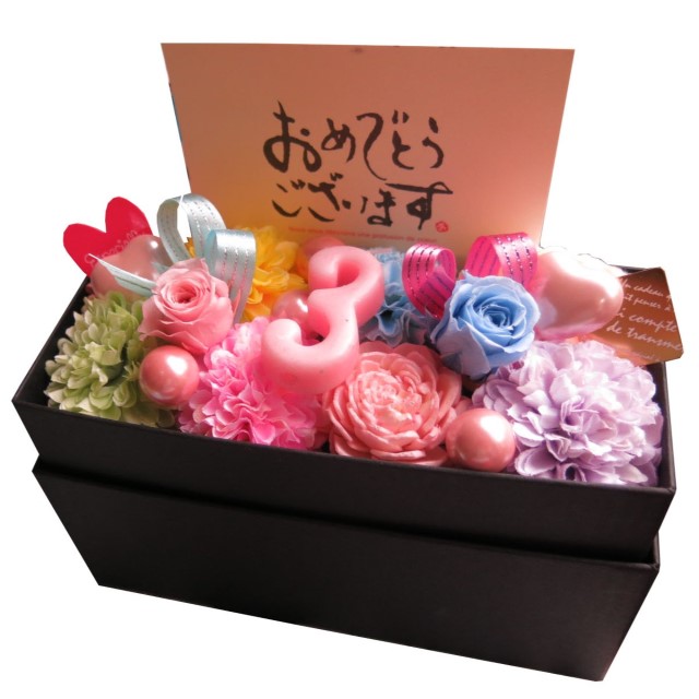 3周年お祝い プレゼント 花 3周年 お祝い 数字3入り ご希望数字入り 花束風 ギフト ご希望数字でお作り致します 横長ボックス プリザーブドフラワー入りギフト おまかせカラフル仕上げ