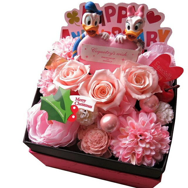 プリザーブドフラワー ディズニー クリスマスプレゼント ピンクバラ入り 花束風 ギフト 箱を開けてサプライズ ドナルド デージー ハート入り フラワーボックス