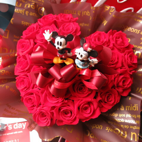 ミッキー　ミニー入り　花　ハート　フラワーギフト ハート　プリザーブドフラワー ノーマル　ミッキー　ミニー　赤バラ