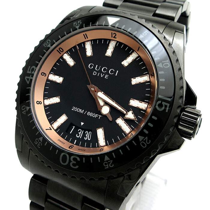 【中古】 グッチ GUCCI とび込み メンズ デイト 黒文字盤 136.2 YA136213 石英 御墨付き 箱 稼働品