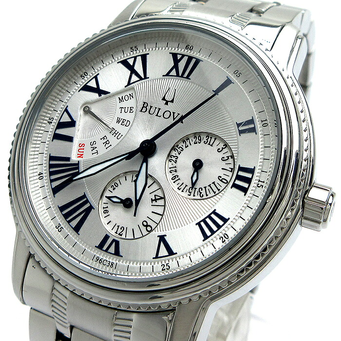 【中古】ブローバ BULOVA ラウンド メンズ ローマ数字 3針 デイデイト シルバー 96C38 時計 クォーツ 稼動品|レオンショップ