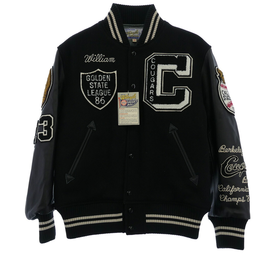 WHITESVILLE ホワイツビル WV15166 30oz WOOL MELTON AWARD JACKET COUGARS アワード ジャケット スタジャン 牛革 38 ブラック系 38 【極上美品】 メンズ【古着】【中古】