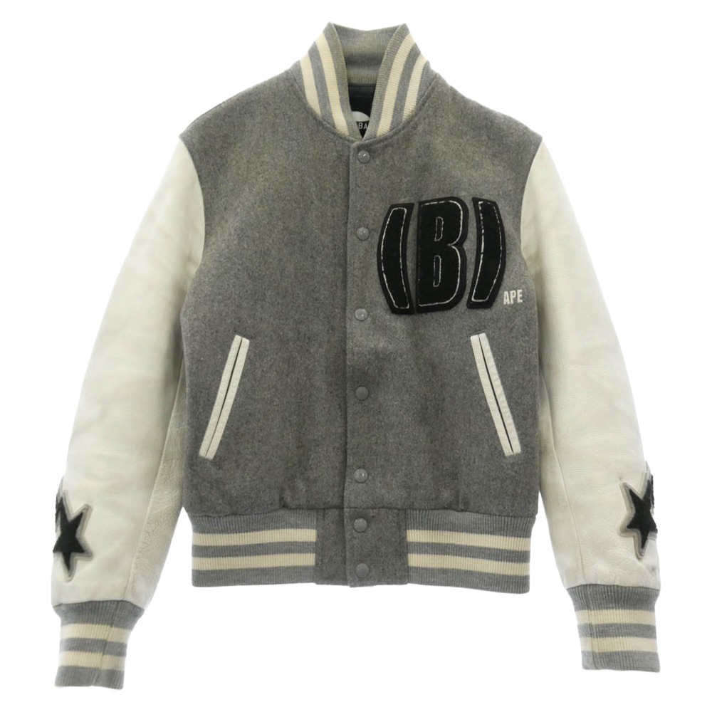 A BATHING APE アベイシングエイプ Cowhide Varsity jacket 牛皮 袖 なめし革 BAPSTA  B 紋章 スタジャン バーシティジャケット 薄墨色 薄墨色系 XS  メンズ【古着】【中古】