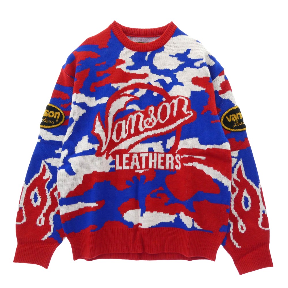 Supreme シュプリーム 22SS x Vanson Leathers バンソン なめし革 Sweater 編み物 労働者の一団のど首 プルオーバー マルチ色つや系 M 【御前上等美品】 メンズ【古着】【中古】