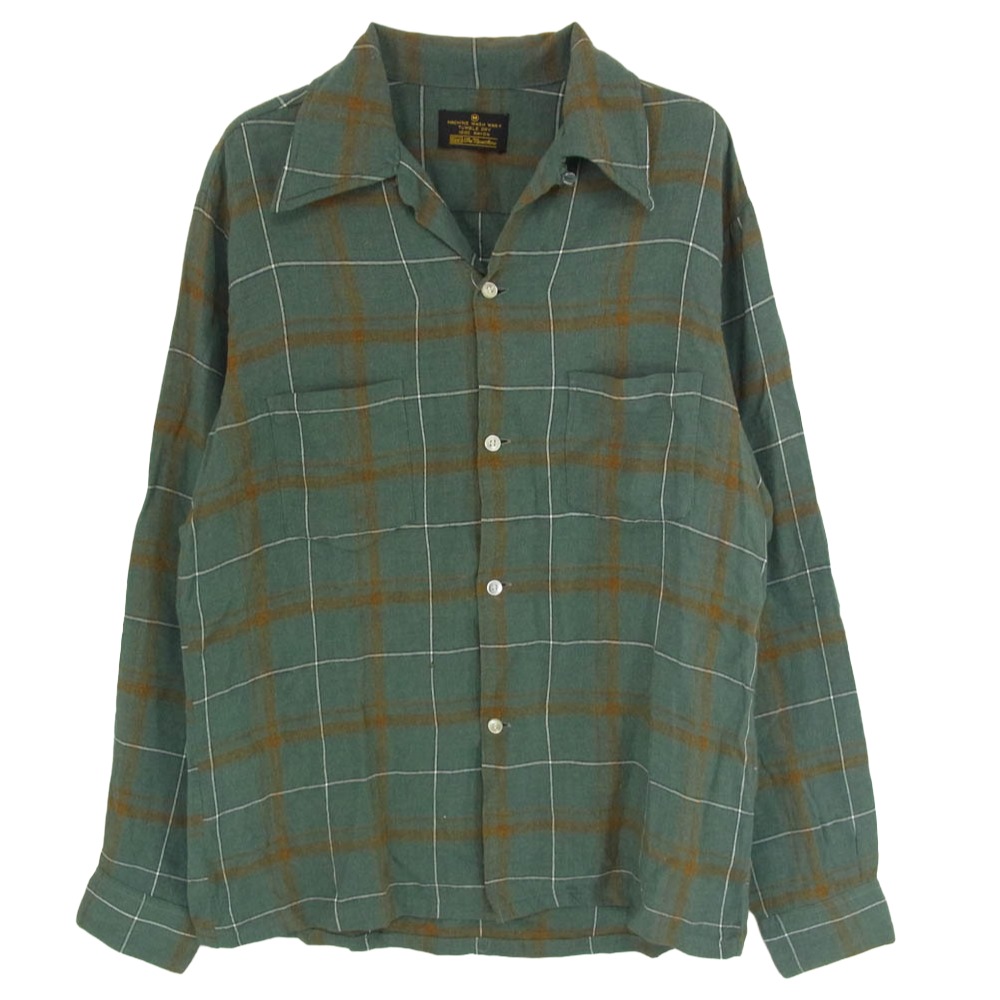シアーズ sears 60s～70s The Men's Store ヴィンテージ レーヨン100％ チェック オープンカラー 長袖 シャツ グリーン系 M メンズ【古着】【中古】