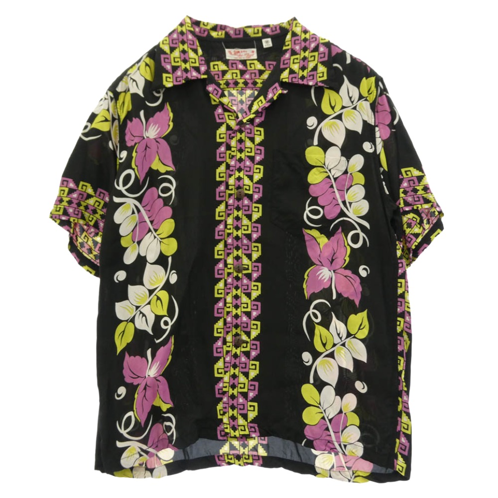 SUN SURF サンサーフ SS38568 RAYON HAWAIIAN SHIRT POLYNESIAN BORDER 人絹 ハワイアン 明けっ広げ色合い 開襟 半袖 プルオーバー 黒いこと系 マルチ色合い系 M 【美品】 メンズ【古着】【中古】