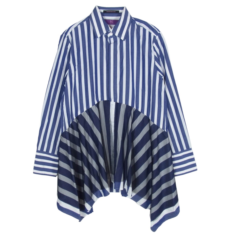 Y\u0027s Yohji Yamamoto ワイズ ヨウジヤマモト YT-B41-830 TAKESHI KOSAKA 英国の首都縞模様 メッシュレイヤード 非対称 うつり変わり プルオーバー 青み系 2  レディース【古着】【中古】