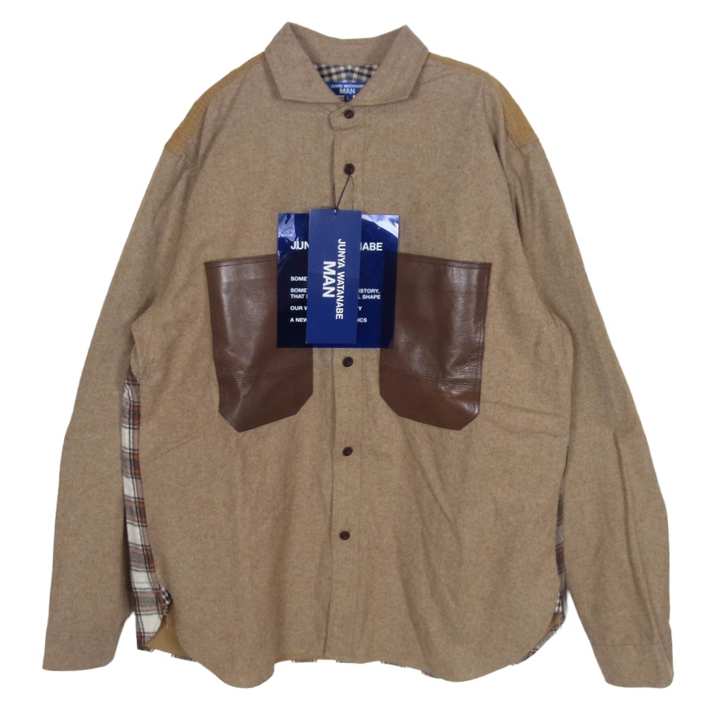 JUNYA WATANABE COMME des GARCONS MAN ジュンヤワタナベコムデギャルソンマン 25AW WP-B011 ゴートレザーポケット 多素材切替 長袖 シャツ ライトブラウン系 L 【極上美品】 メンズ【古着】【中古】