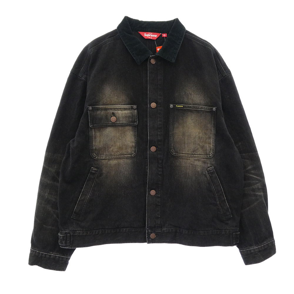 Supreme シュプリーム 25AW Distressed Selvedge Trucker Jacket Washed Black ディストレスト セルビッジ ウォッシュドブラック トラッカー ジーンズ 上衣 黒いこと系 L 【御前上等美品】 メンズ【古着】【中古】