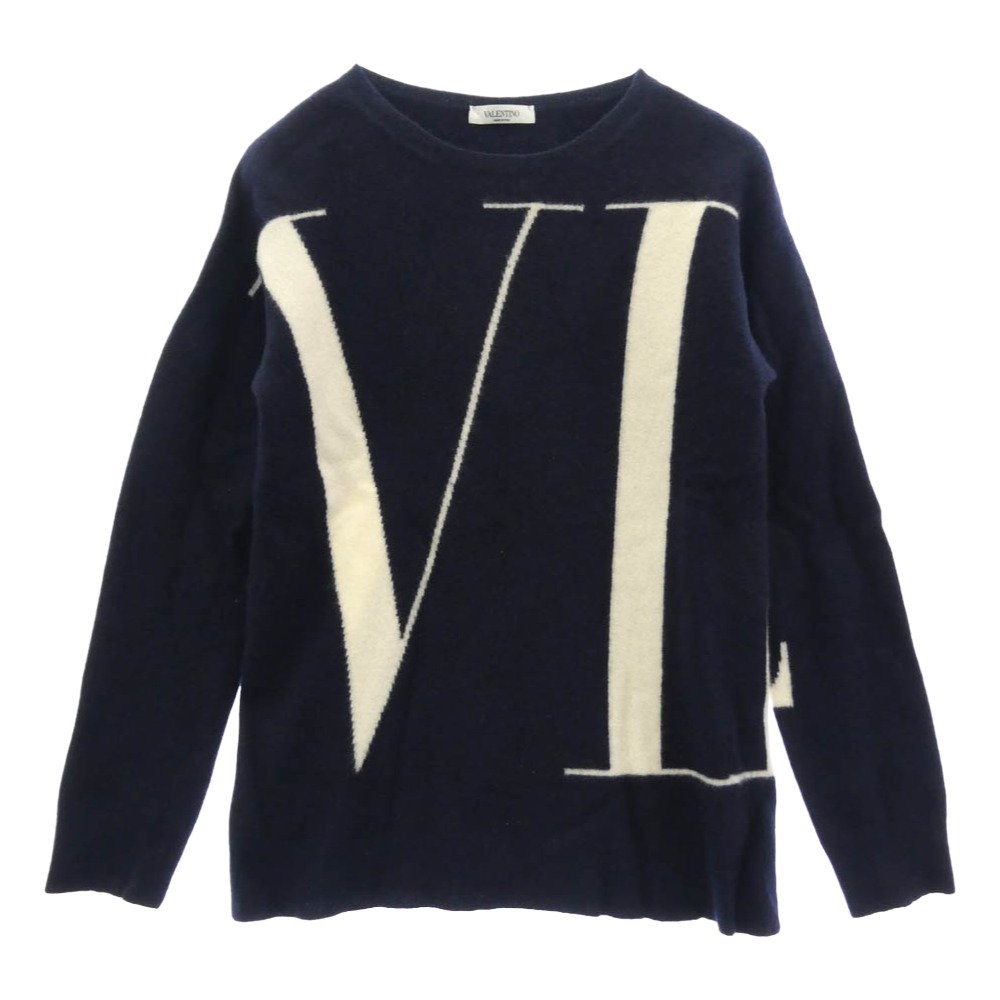 VALENTINO ヴァレンティノ QV0KC29D593 カシミール混 VLTNロゴタイプ ロゴタイプ刷り上げる 労働者の一団素っ首 編み物 スウェーター ダークネイビー系 M  メンズ【古着】【中古】