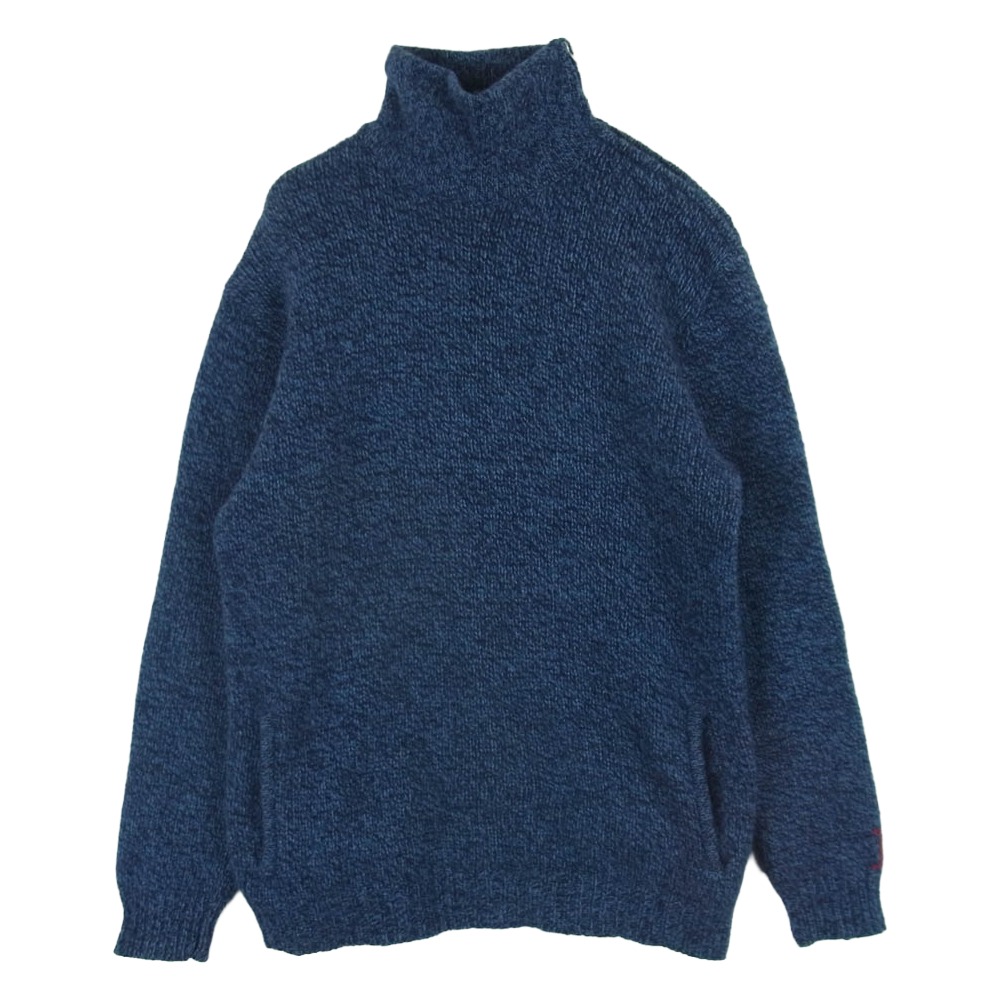 HOLLYWOOD RANCH MARKET ハリウッドランチマーケット H.R.MARKET H刺繍 シェトランド ウール ハイネック ネック ZIP ニット ブルー系 ネイビー系 M メンズ【古着】【中古】