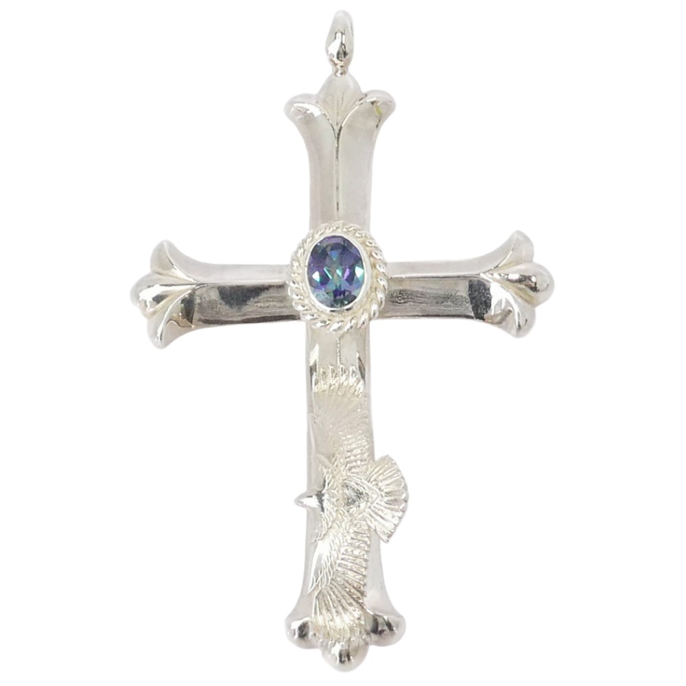 TARO WASHIMI ワシミタロウ 鷲見太郎 ギャランティカード嘱する cross pendant eagle eg-05/925 rainbow topaz 6 x 8 cup 鷲付き添い人 銀縄虹霓トパーズ色 差し交わす シャンデリヤいの一番 しろがね色系 【美品】 メンズ【中古】