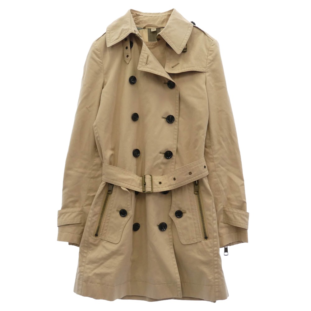BURBERRY バーバリー BRIT ブリット ジップポケット 裏地ノバチェック ダブル前胸部 トレンチコート ベージュ系 UK6  レディース【古着】【中古】