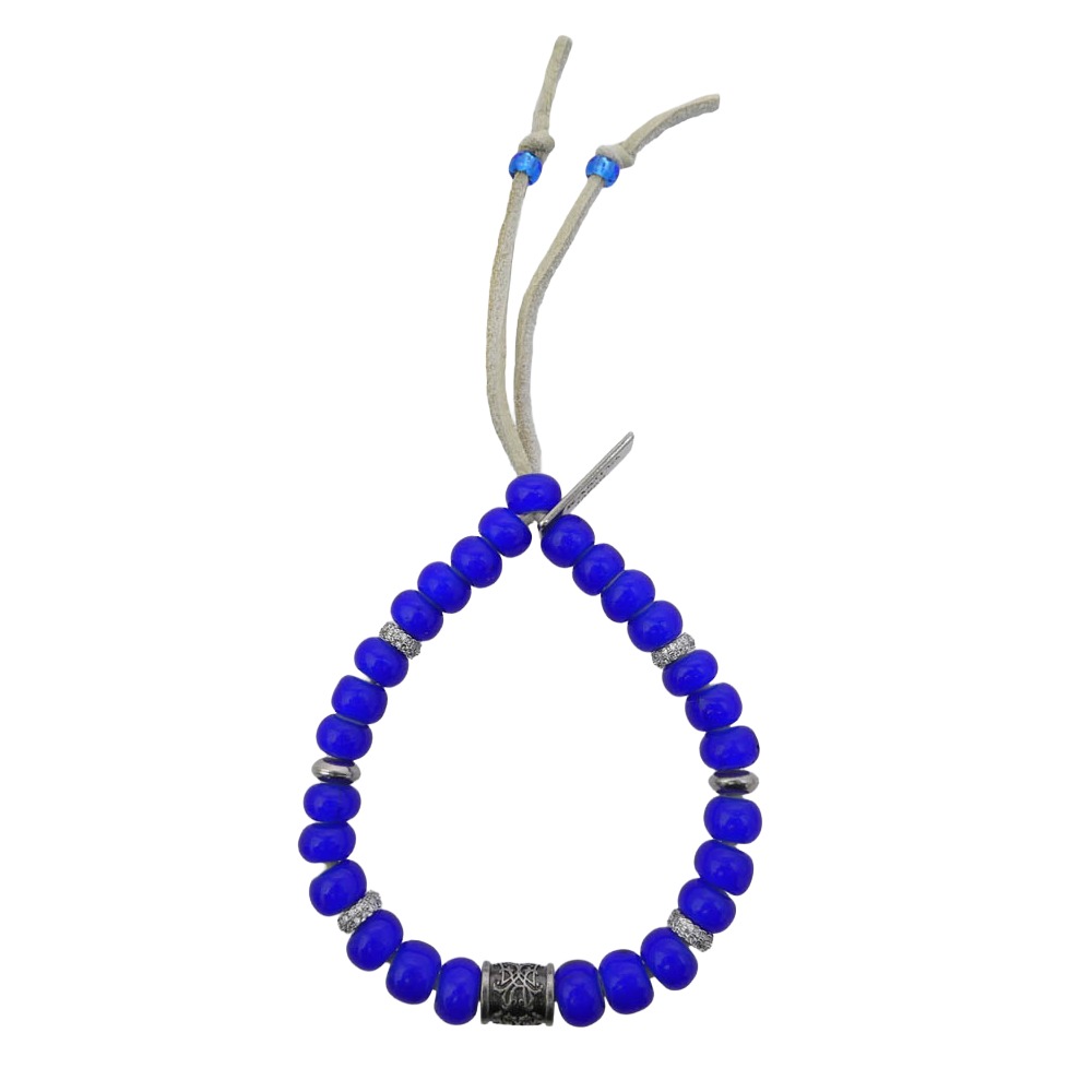 カミヤ KAMIYA G16AC215-0 Glass Beaded Bracelet レザー ビーズ ブレスレット ブルー系 シルバー系 【極上美品】 メンズ【中古】